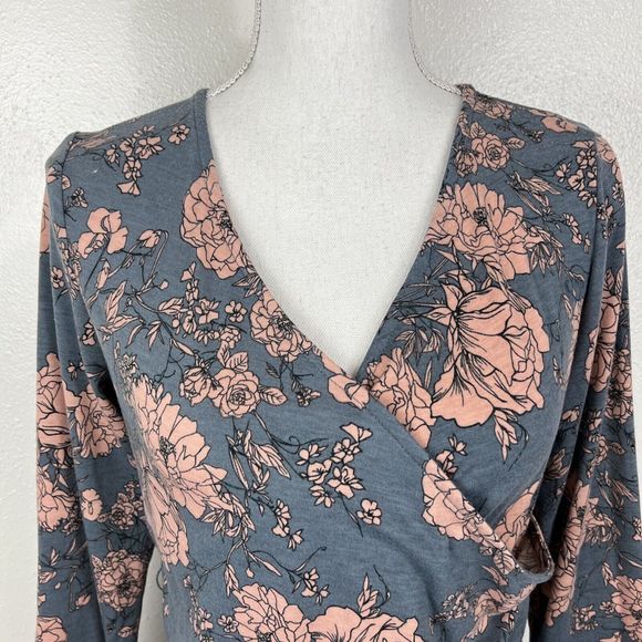 Moosungeek Dress Women Large Blue Floral All Over Print Long Sleeve Surplice - Picture 7 of 15